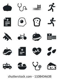 Set of vector isolated black icon - pumpkin vector, seeds, heart pulse, diagnosis, stethoscope, ambulance car, bike, run, diet, hospital, pool, salad, bread, rolling pin, omelette, cheese