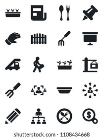 Set of vector isolated black icon - spoon and fork vector, ladder car, hierarchy, presentation board, pencil, garden, glove, seedling, paper pin, news, hr, manager, fence, crane, bowl, money search