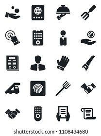 Set of vector isolated black icon - passport vector, ladder car, handshake, document, garden fork, farm, glove, saw, client, touch screen, fingerprint id, contract, waiter, remote control