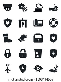 Set of vector isolated black icon - plane radar vector, security gate, trash bin, glove, boot, hose, heart shield, protect, lock, eye id, estate insurance, intercome, surveillance, palm sproute
