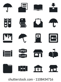 Set of vector isolated black icon - automatic door vector, umbrella, shop, medical room, book, container, package, mail, scanner, folder, document, mailbox, open close, garage gate control