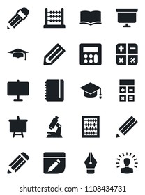 Set of vector isolated black icon - book vector, calculator, graduate, abacus, notepad, presentation board, pencil, microscope, notes, ink pen, shining head