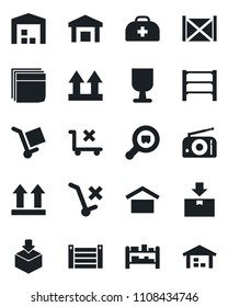 Set of vector isolated black icon - doctor case vector, container, fragile, cargo, warehouse storage, up side sign, no trolley, package, search, rack, radio, blank box