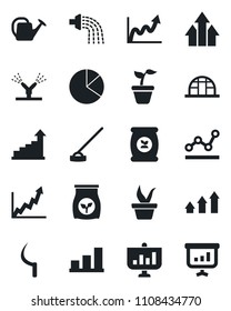 Set of vector isolated black icon - growth statistic vector, seedling, watering can, hoe, sickle, greenhouse, fertilizer, bar graph, pie, point, irrigation, arrow up, presentation