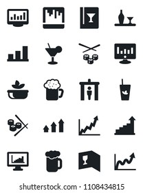 Set of vector isolated black icon - security gate vector, growth statistic, monitor, scanner, statistics, bar graph, alcohol, wine card, cocktail, phyto, beer, salad, sushi, arrow up