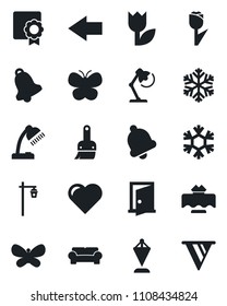 Set of vector isolated black icon - left arrow vector, pennant, butterfly, garden light, heart, tulip, themes, bell, sertificate, desk lamp, cushioned furniture, restaurant table, snowflake, door