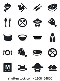 Set of vector isolated black icon - spoon and fork vector, waiter, cafe, menu, dress code, chicken, steak, kebab, ham, bowl, sushi, serviette