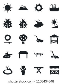 Set of vector isolated black icon - flower in pot vector, lawn mower, lady bug, sun, pond, picnic table, brightness, pool, fruit tree, mountains, alcove