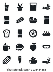Set of vector isolated black icon - hot cup vector, seedling, plant label, diet, fridge, drink, phyto bar, salad, bacon, bread, dog, apple fruit, fan, palm sproute