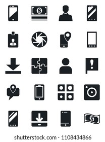 Set of vector isolated black icon - mobile phone vector, identity card, important flag, tracking, cell, camera, user, download, application, cash