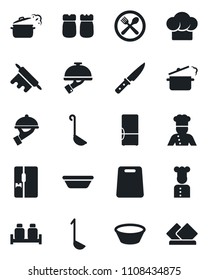 Set of vector isolated black icon - fridge vector, cook, cafe, hat, waiter, salt and pepper, ladle, bowl, rolling pin, cutting board, knife, steaming pan, serviette