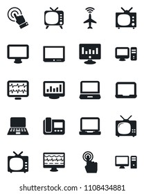 Set of vector isolated black icon - plane radar vector, notebook pc, statistic monitor, pulse, tv, touch screen, laptop, statistics, intercome