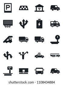 Set of vector isolated black icon - dispatcher vector, taxi, airport bus, parking, alarm car, ladder, ambulance, route, truck trailer, delivery, heavy scales, railroad, garage gate control, battery