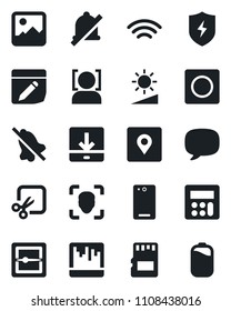 Set of vector isolated black icon - phone back vector, message, gallery, protect, calculator, record, scanner, sd, notes, download, wireless, mute, brightness, cut, place tag, face id, battery