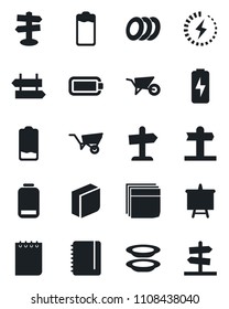 Set of vector isolated black icon - signpost vector, notepad, presentation board, wheelbarrow, battery, low, charge, blank box, plates, guidepost