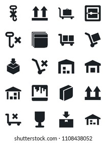 Set of vector isolated black icon - baggage trolley vector, fragile, cargo, up side sign, no, hook, warehouse, package, scanner, blank box