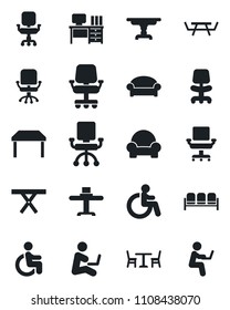 Set of vector isolated black icon - cafe vector, waiting area, disabled, office chair, desk, picnic table, cushioned furniture, restaurant, man with notebook