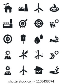 Set of vector isolated black icon - bird house vector, target, sun panel, windmill, factory, eco, water, palm sproute