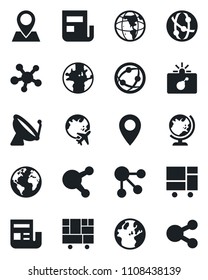 Set of vector isolated black icon - satellite antenna vector, bomb in case, globe, plane, earth, pin, consolidated cargo, network, share, news, social media