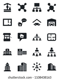 Set of vector isolated black icon - hierarchy vector, well, molecule, hospital, office building, garage, plan, home message