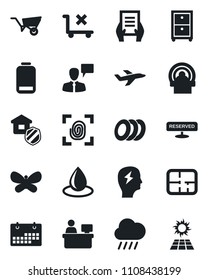 Set of vector isolated black icon - speaking man vector, brainstorm, document, manager place, wheelbarrow, butterfly, water drop, rain, tomography, plane, no trolley, low battery, calendar, plan