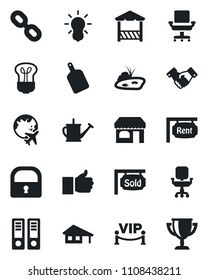 Set of vector isolated black icon - shop vector, plane globe, handshake, office binder, watering can, chain, finger up, lock, chair, house with garage, pond, rent, sold signboard, vip zone, alcove