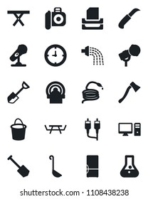 Set of vector isolated black icon - job vector, shovel, bucket, watering, hose, garden knife, axe, picnic table, tomography, clock, camera, microphone, rca, paper tray, fridge, ladle, pc, flask