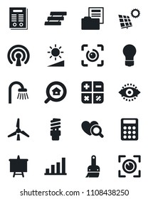 Set of vector isolated black icon - calculator vector, presentation board, bulb, heart diagnostic, themes, brightness, eye id, bar graph, document folder, paper tray, contract, sun panel, windmill
