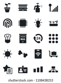 Set of vector isolated black icon - baggage trolley vector, identity card, seedling, sun, garden sprayer, broken bone, railroad, 24 hours, sorting, favorites list, menu, fingerprint id, mailbox