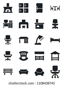 Set of vector isolated black icon - cafe vector, bed, checkroom, office chair, desk, bench, fireplace, lamp, children room, cushioned furniture, alcove, fridge