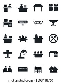 Set of vector isolated black icon - flight table vector, desk, meeting, manager place, picnic, lamp, restaurant, cafe, reserved, salt and pepper, serviette