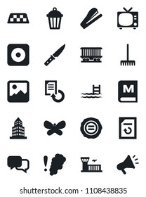 Set of vector isolated black icon - taxi vector, tv, airport building, document reload, stamp, rake, butterfly, garden light, railroad, dialog, rec button, gallery, office, stapler, pool, menu