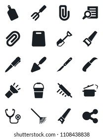 Set of vector isolated black icon - document search vector, pen, trowel, garden fork, shovel, rake, bucket, saw, knife, stethoscope, scalpel, torch, paper clip, rolling pin, cutting board