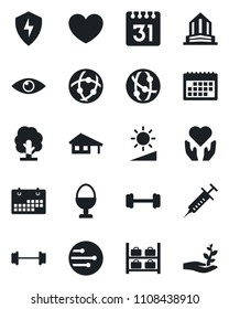 Set of vector isolated black icon - luggage storage vector, tree, heart, syringe, barbell, hand, eye, network, protect, calendar, brightness, house with garage, egg stand, office building
