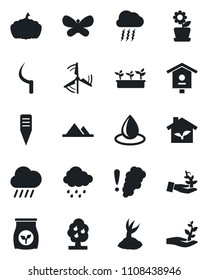 Set of vector isolated black icon - storm cloud vector, sproute, butterfly, seedling, water drop, rain, sickle, plant label, pumpkin, bird house, fertilizer, windmill, fruit tree, mountains, eco