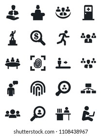 Set of vector isolated black icon - escalator vector, reception, medical room, speaking man, pedestal, team, meeting, run, client, fingerprint id, company, manager desk, search, consumer, group