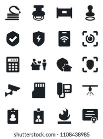 Set of vector isolated black icon - fence vector, passport control, stamp, identity card, hose, shield, flammable, protect, sd, face id, eye, intercome, home, combination lock, pass, surveillance