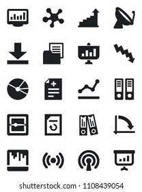 Set of vector isolated black icon - satellite antenna vector, growth statistic, office binder, crisis graph, document reload, diagnosis, folder, share, scanner, download, monitor statistics, pie
