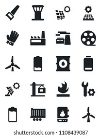 Set of vector isolated black icon - airport tower vector, factory, glove, saw, truck trailer, flammable, oil barrel, reel, battery, low, root setup, sun panel, windmill, crane, water heater
