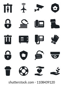 Set of vector isolated black icon - plane radar vector, security gate, trash bin, safe, lock, glove, boot, hose, heart hand, estate insurance, intercome, water filter, home protect, surveillance