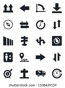 Set of vector isolated black icon - elevator vector, signpost, right arrow, left, crisis graph, route, navigation, up side sign, sorting, data exchange, download, compass, moving, target, clock