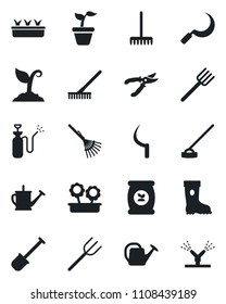 Set of vector isolated black icon - shovel vector, farm fork, rake, seedling, watering can, sproute, pruner, boot, hoe, sickle, garden sprayer, fertilizer, flower in pot, irrigation