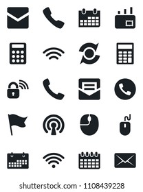 Set of vector isolated black icon - phone vector, mouse, calendar, call, mail, wireless, update, calculator, lock, flag