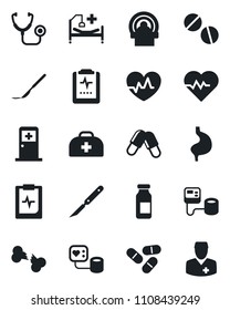 Set of vector isolated black icon - medical room vector, heart pulse, doctor case, stethoscope, blood pressure, pills, ampoule, scalpel, tomography, hospital bed, stomach, broken bone, clipboard