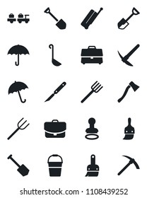 Set of vector isolated black icon - suitcase vector, umbrella, stamp, baggage larry, job, shovel, farm fork, bucket, axe, scalpel, themes, case, ladle, hard work