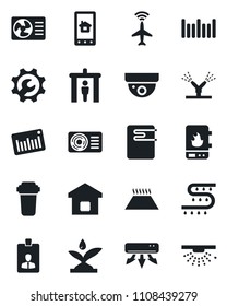 Set of vector isolated black icon - plane radar vector, security gate, identity card, drip irrigation, barcode, root setup, air conditioner, smart home, water heater, control app, filter, warm floor