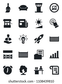 Set of vector isolated black icon - airport tower vector, no laptop, waiting area, tree, well, client, cargo container, news, touch screen, themes, alarm, brightness, bar graph, document folder
