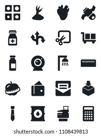 Set of vector isolated black icon - sproute vector, pills bottle, ampoule, real heart, diet, route, satellite, cargo, package, oil barrel, mail, cut, application, tie, copier, reserved, web camera