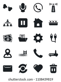 Set of vector isolated black icon - antenna vector, house, seedling, heart, broken bone, navigation, cash, microphone, pause button, rca, call, settings, update, document folder, hierarchy, mail