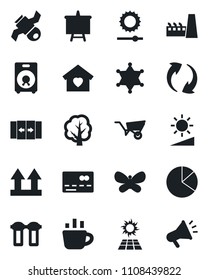 Set of vector isolated black icon - automatic door vector, credit card, presentation board, coffee, tree, wheelbarrow, butterfly, satellite, up side sign, speaker, update, brightness, pie graph